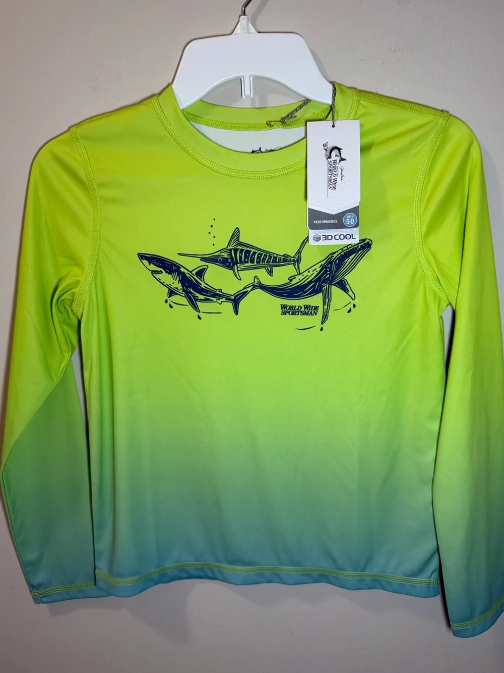 Bass Pro Shops‎ Youth Neon Sunshirt Shark Rash Guard 3D Cool